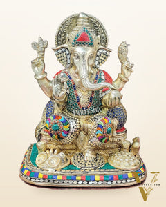 Ganesha Brass statue with stonework 13 inch