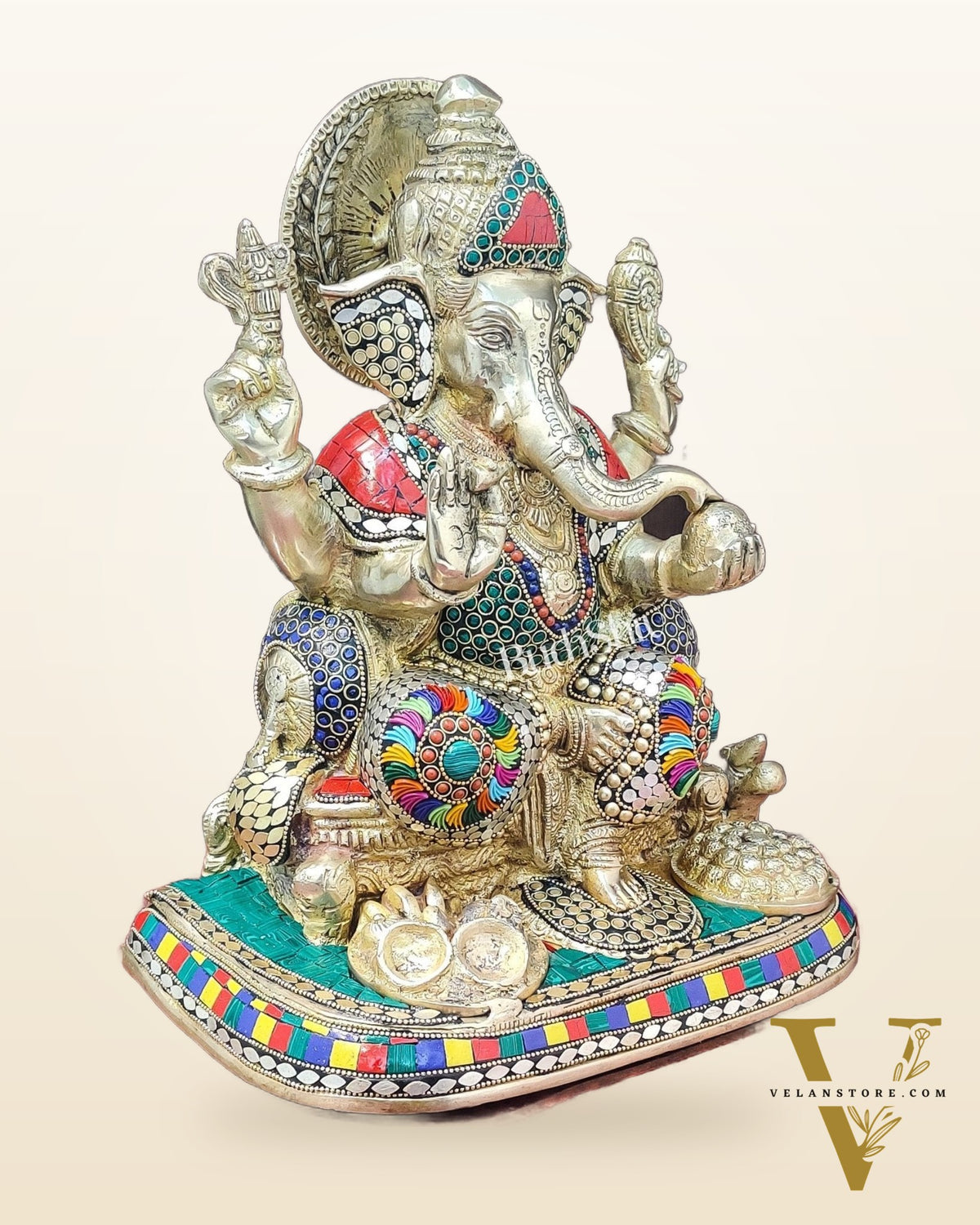 Ganesha Brass statue with stonework 13 inch