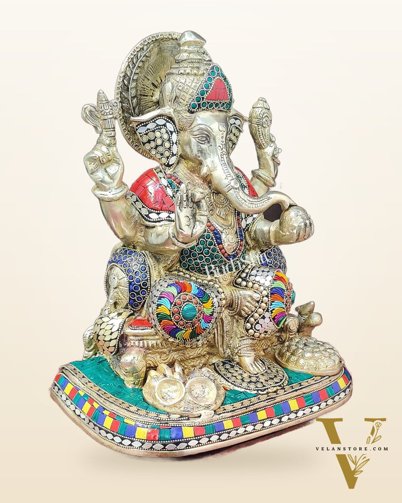 Ganesha Brass statue with stonework 13 inch