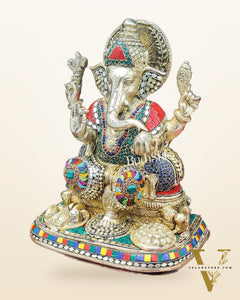 Ganesha Brass statue with stonework 13 inch