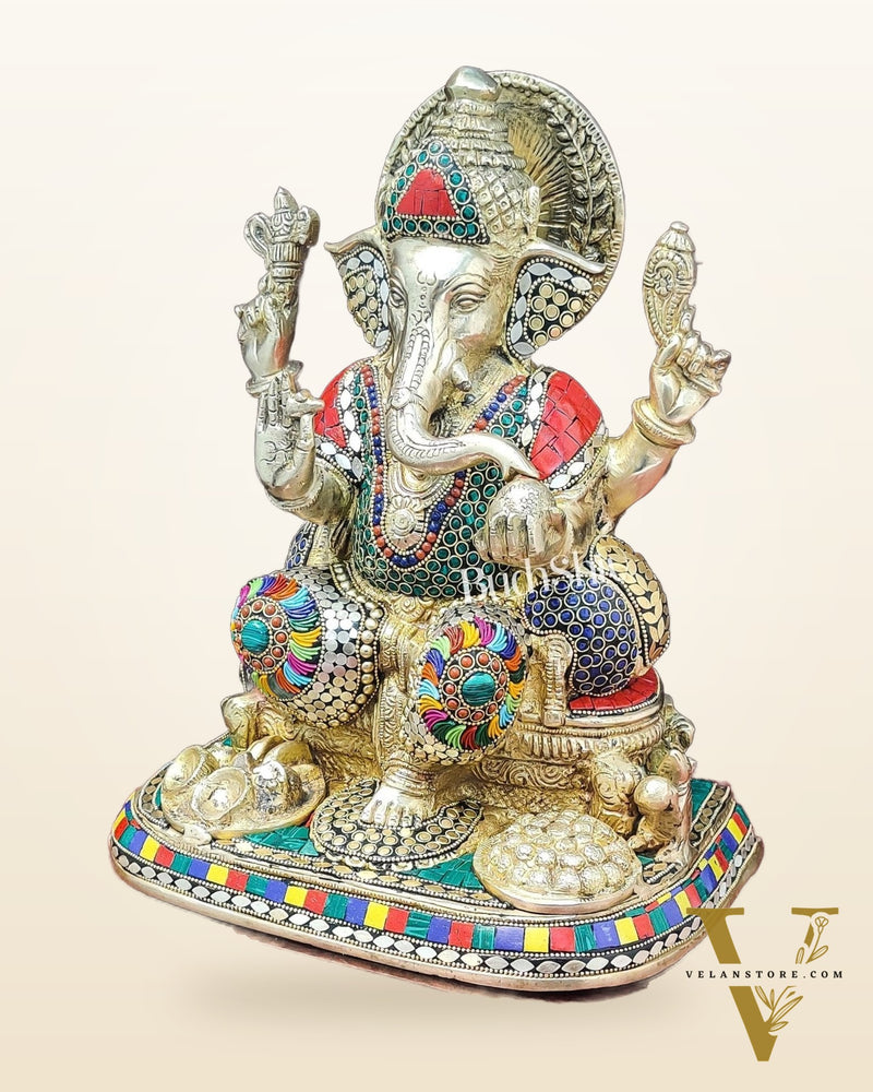 Ganesha Brass statue with stonework 13 inch