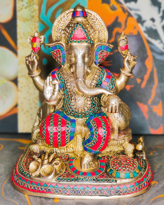 Ganesha Brass statue with stonework 13 inch