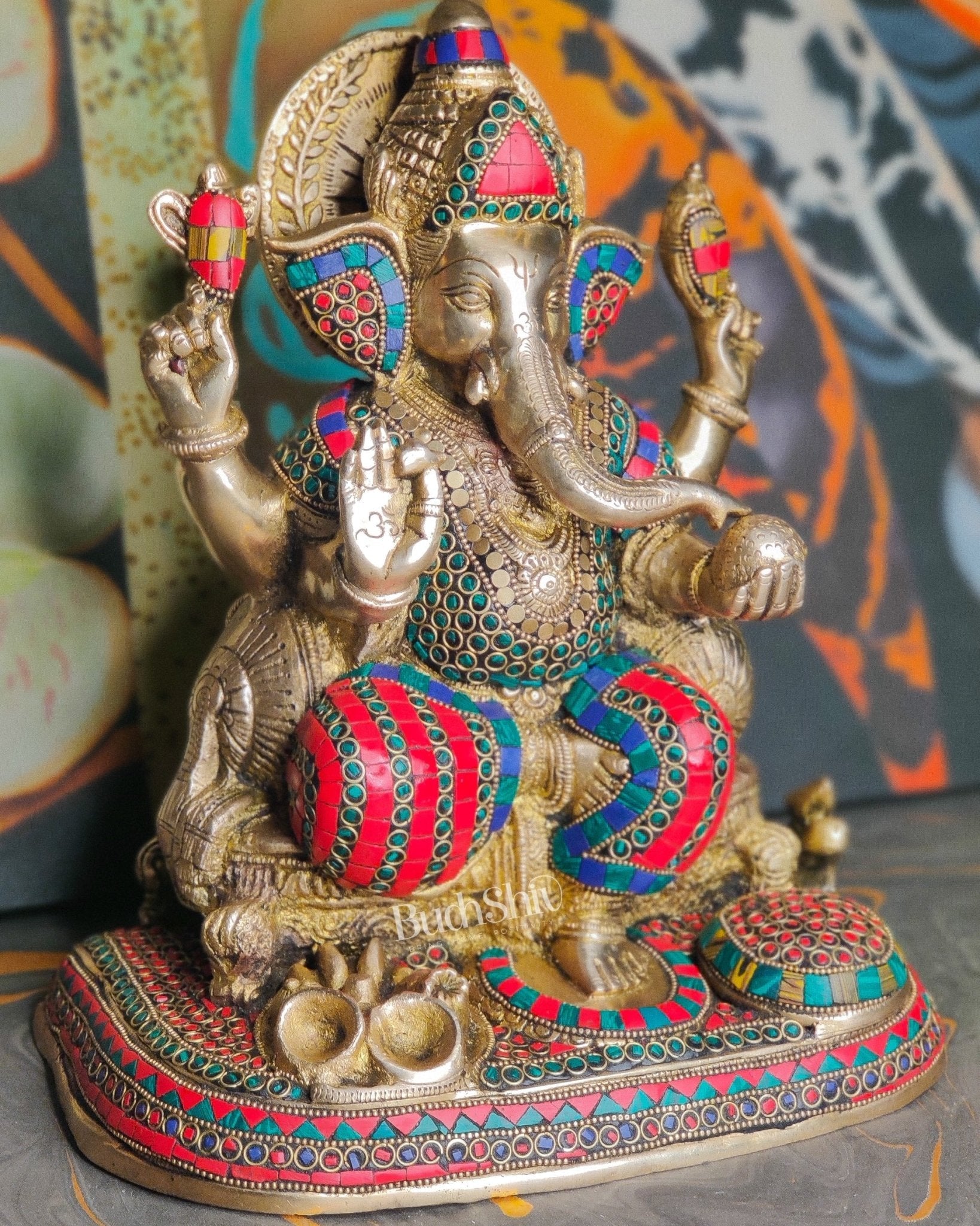 Ganesha Brass statue with stonework 13 inch