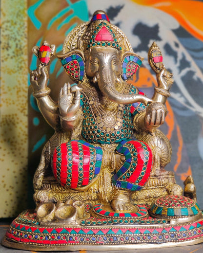 Ganesha Brass statue with stonework 13 inch