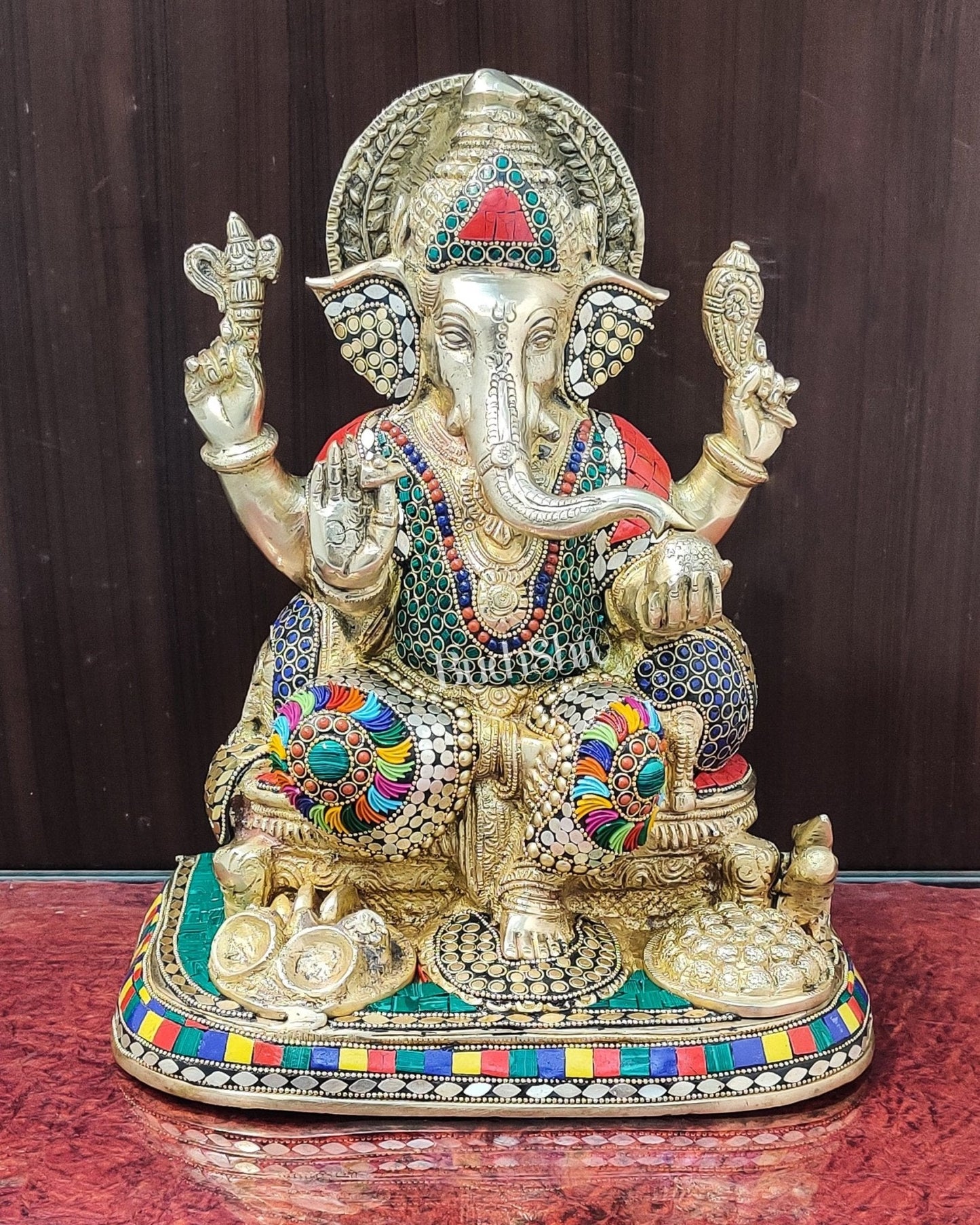 Ganesha Brass statue with stonework 13 inch