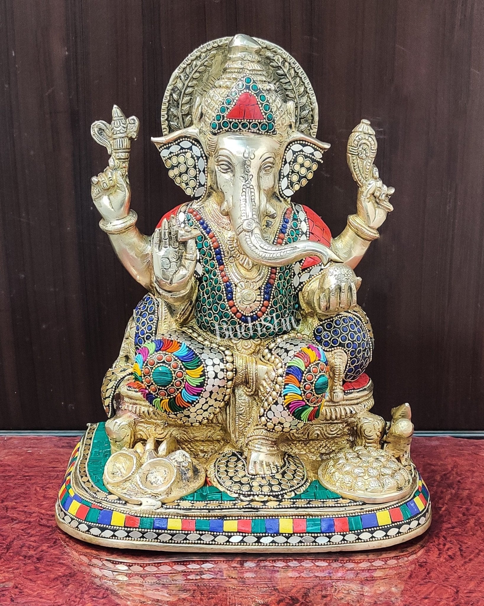 Ganesha Brass statue with stonework 13 inch