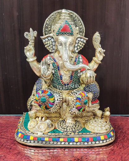 Ganesha Brass statue with stonework 13 inch