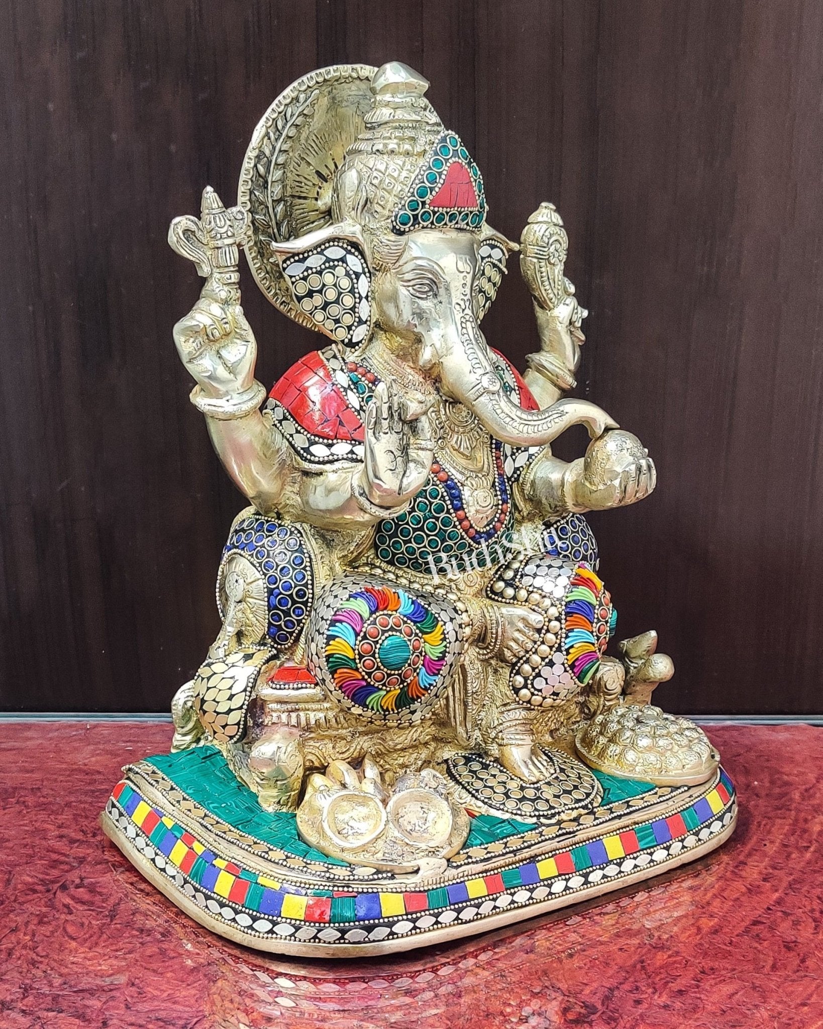 Ganesha Brass statue with stonework 13 inch