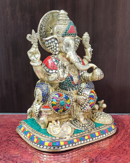 Ganesha Brass statue with stonework 13 inch