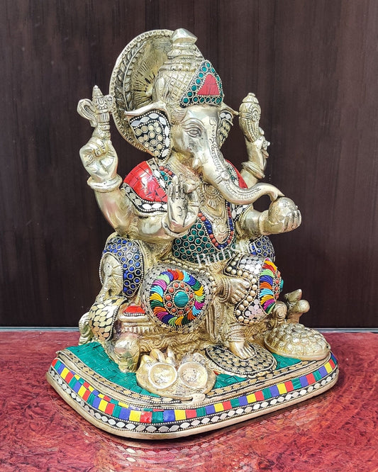 Ganesha Brass statue with stonework 13 inch