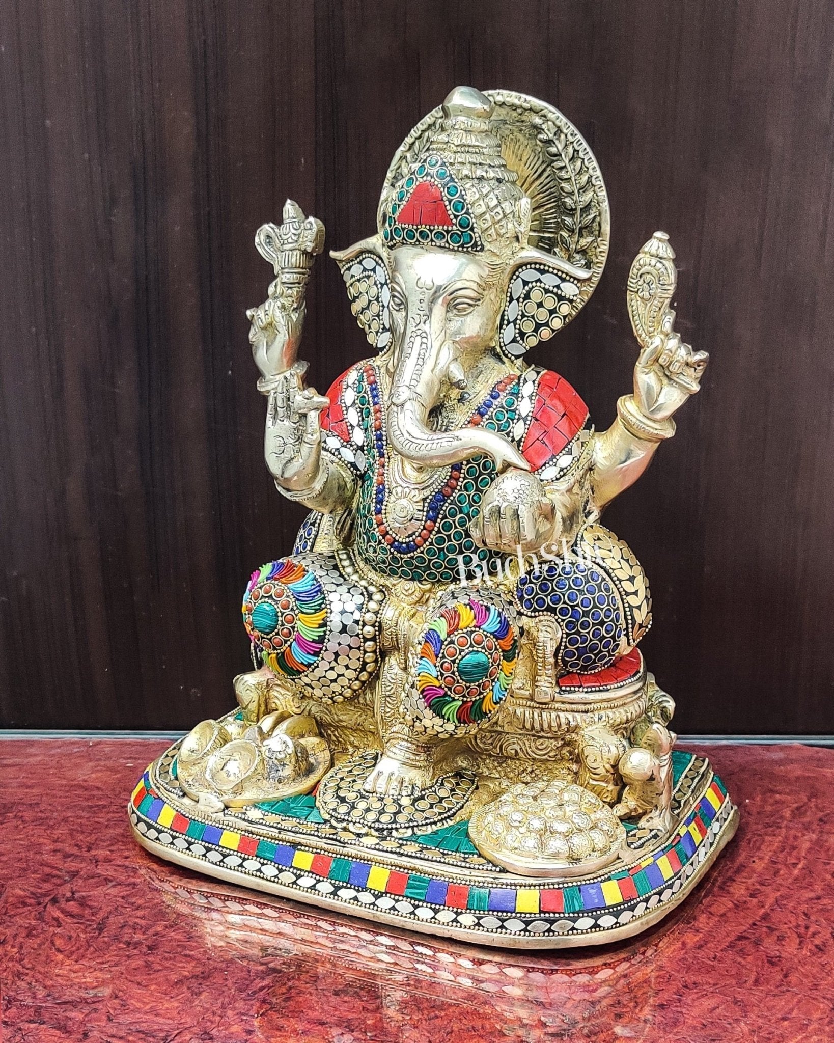 Ganesha Brass statue with stonework 13 inch