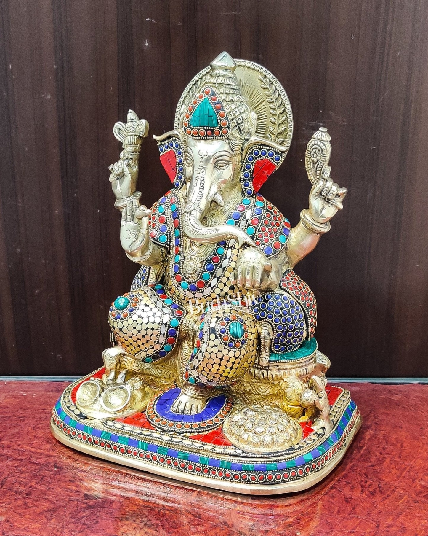 Ganesha Brass statue with stonework 13 inch
