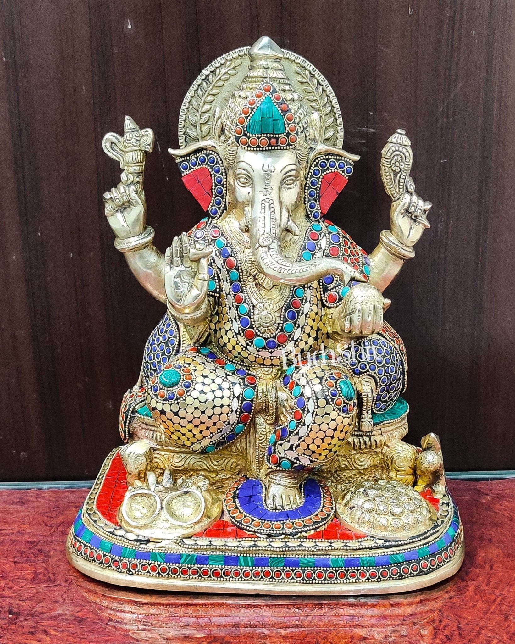 Ganesha Brass statue with stonework 13 inch