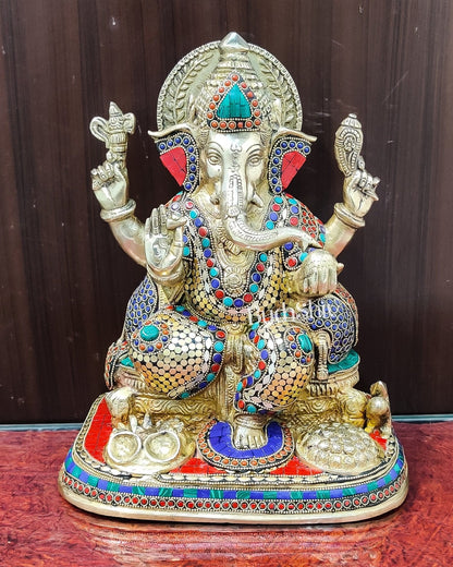 Ganesha Brass statue with stonework 13 inch