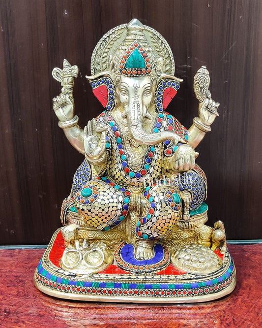 Ganesha Brass statue with stonework 13 inch