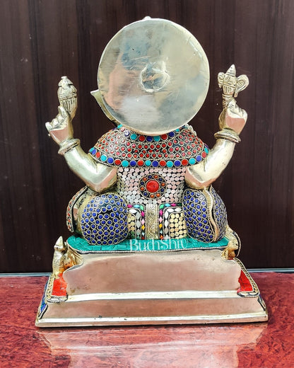 Ganesha Brass statue with stonework 13 inch