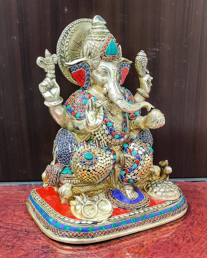 Ganesha Brass statue with stonework 13 inch
