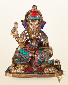 Ganesha brass statue with stonework  13"