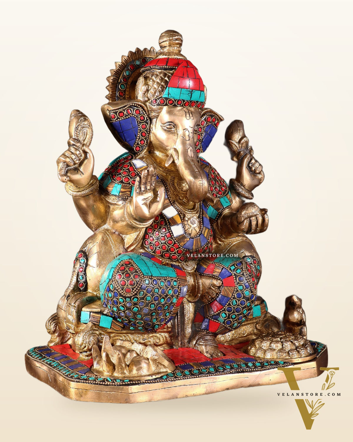 Ganesha brass statue with stonework  13"