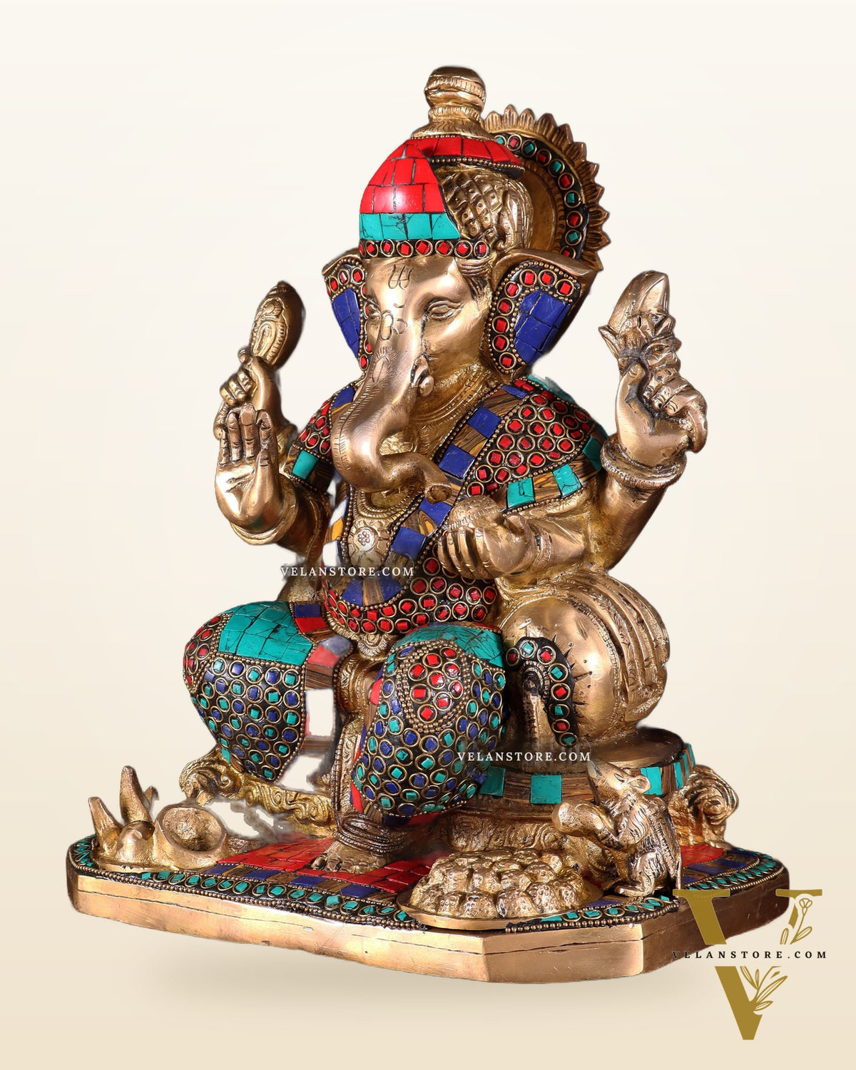 Ganesha brass statue with stonework  13"