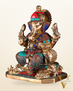 Ganesha brass statue with stonework  13"