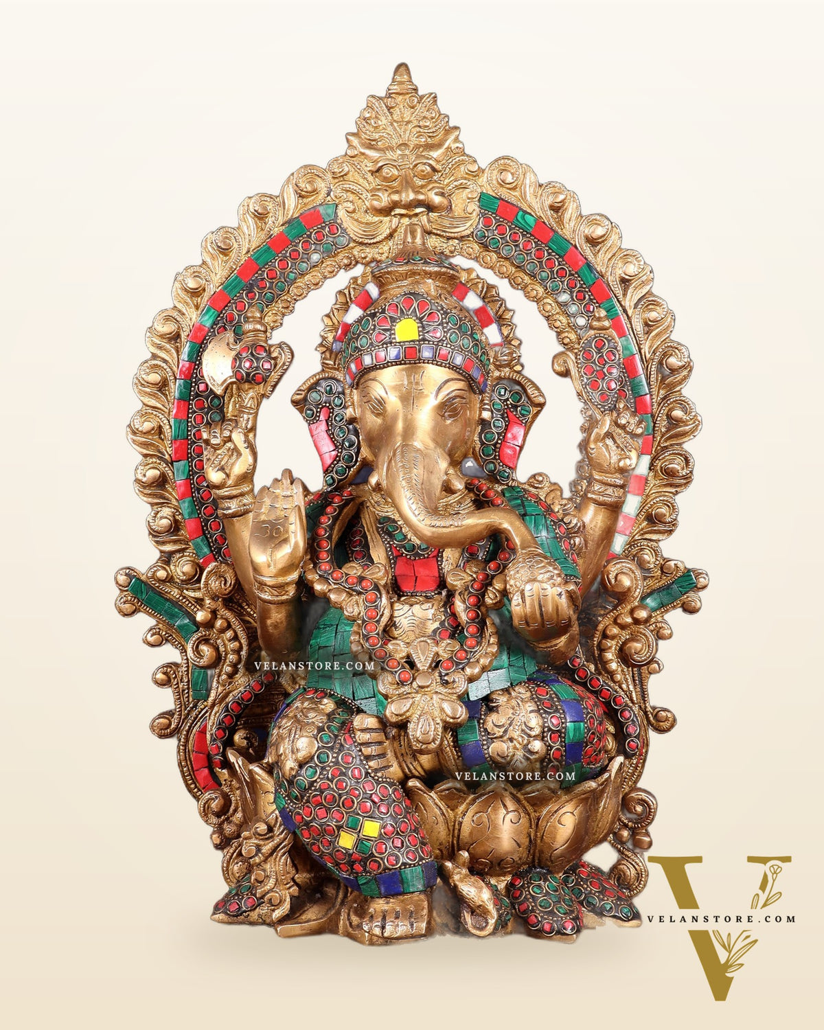 Ganesha Brass statue with Stonework 15.5 inch