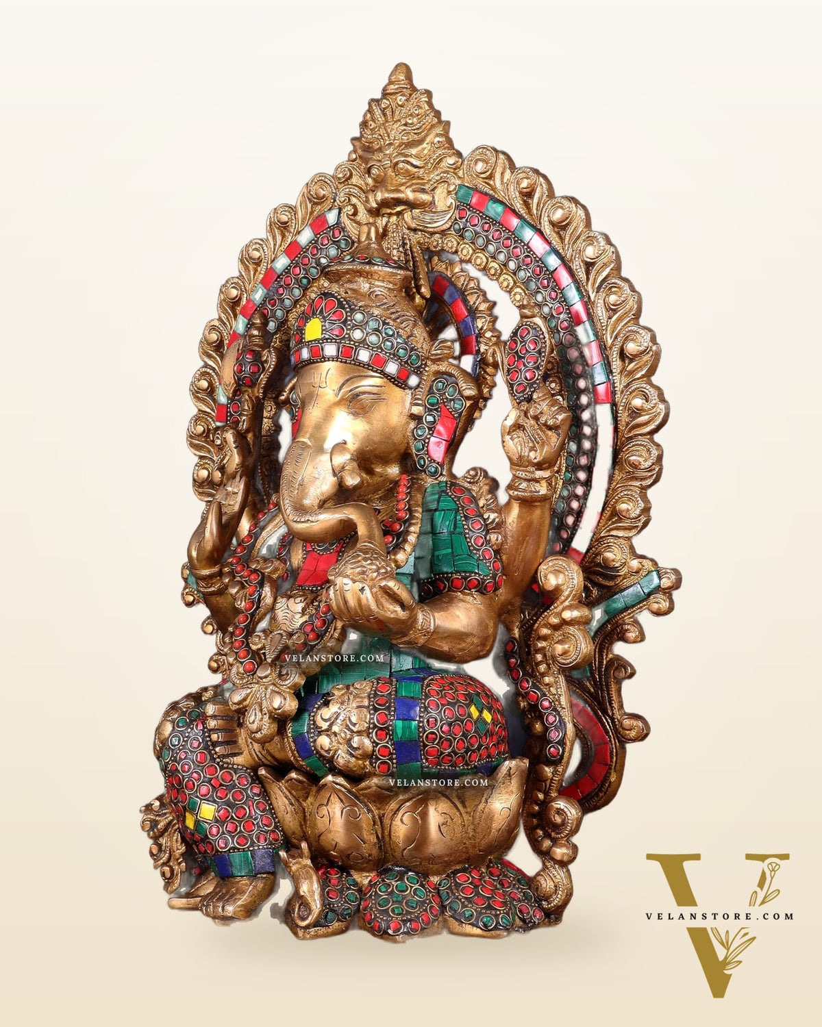 Ganesha Brass statue with Stonework 15.5 inch
