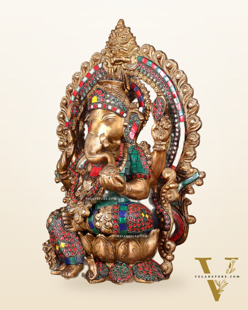 Ganesha Brass statue with Stonework 15.5 inch