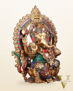 Ganesha Brass statue with Stonework 15.5 inch