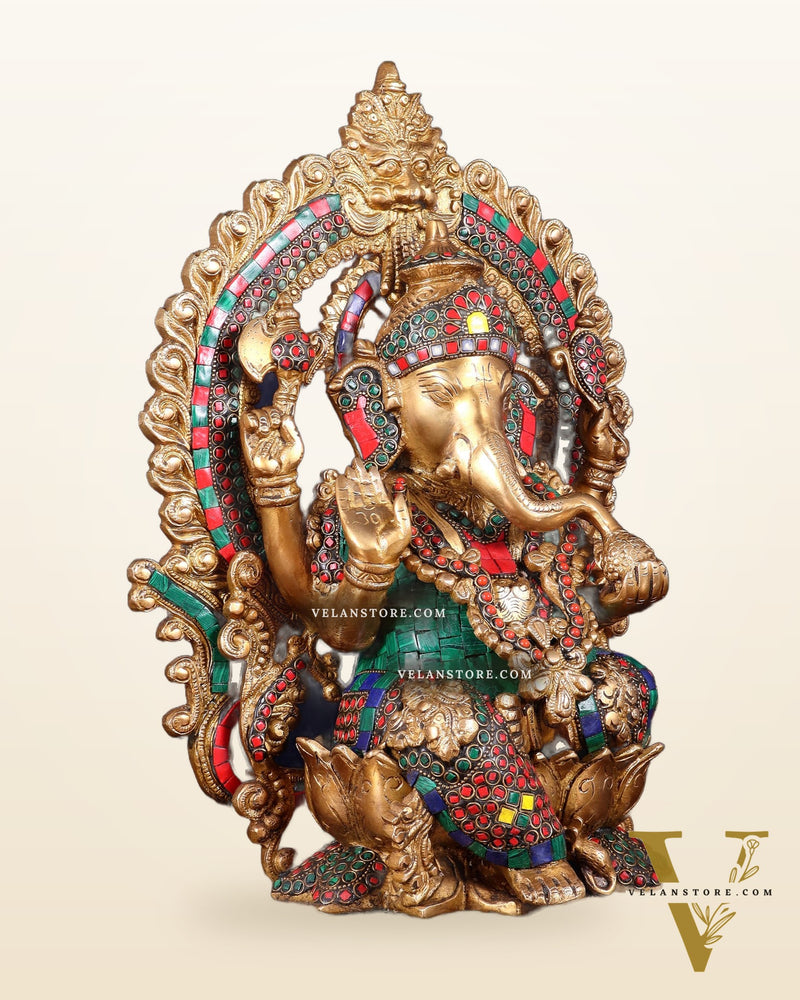 Ganesha Brass statue with Stonework 15.5 inch