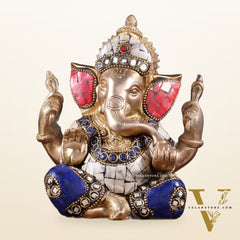 Ganesha Brass statue with stonework 6 inch