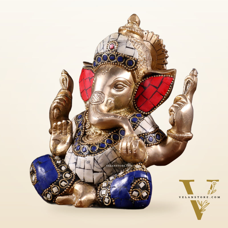 Ganesha Brass statue with stonework 6 inch