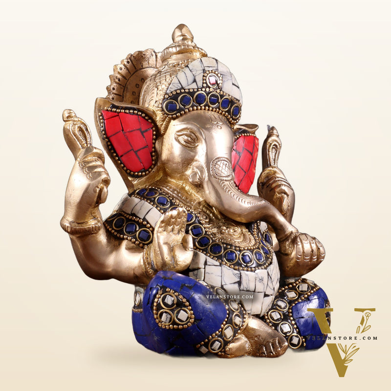 Ganesha Brass statue with stonework 6 inch