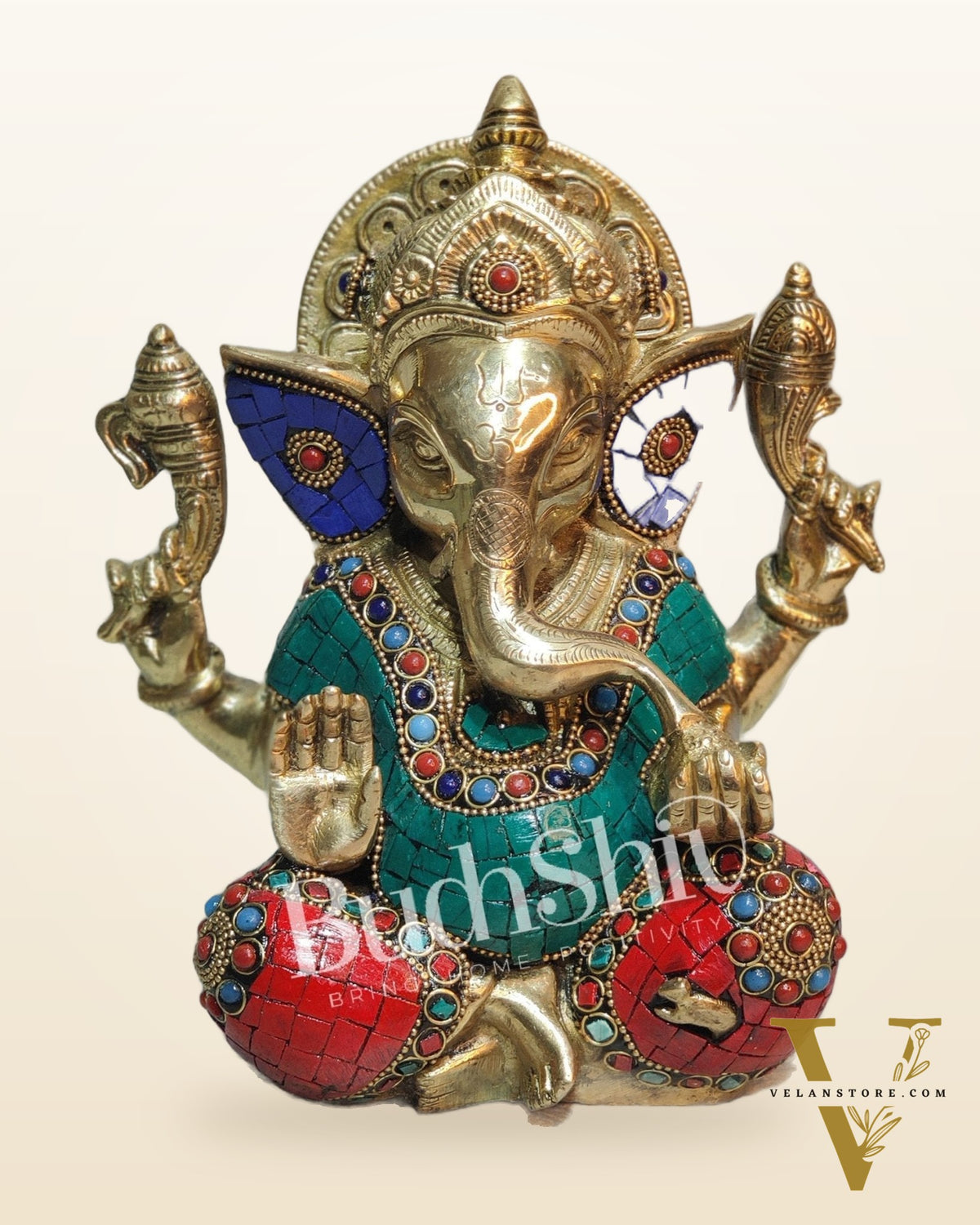 Ganesha enchanting brass idol with meenakari stonework | suitable for office desk/study table/ temple