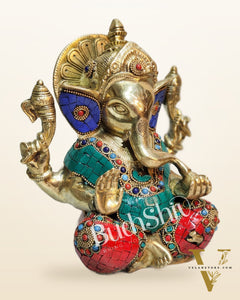 Ganesha enchanting brass idol with meenakari stonework | suitable for office desk/study table/ temple