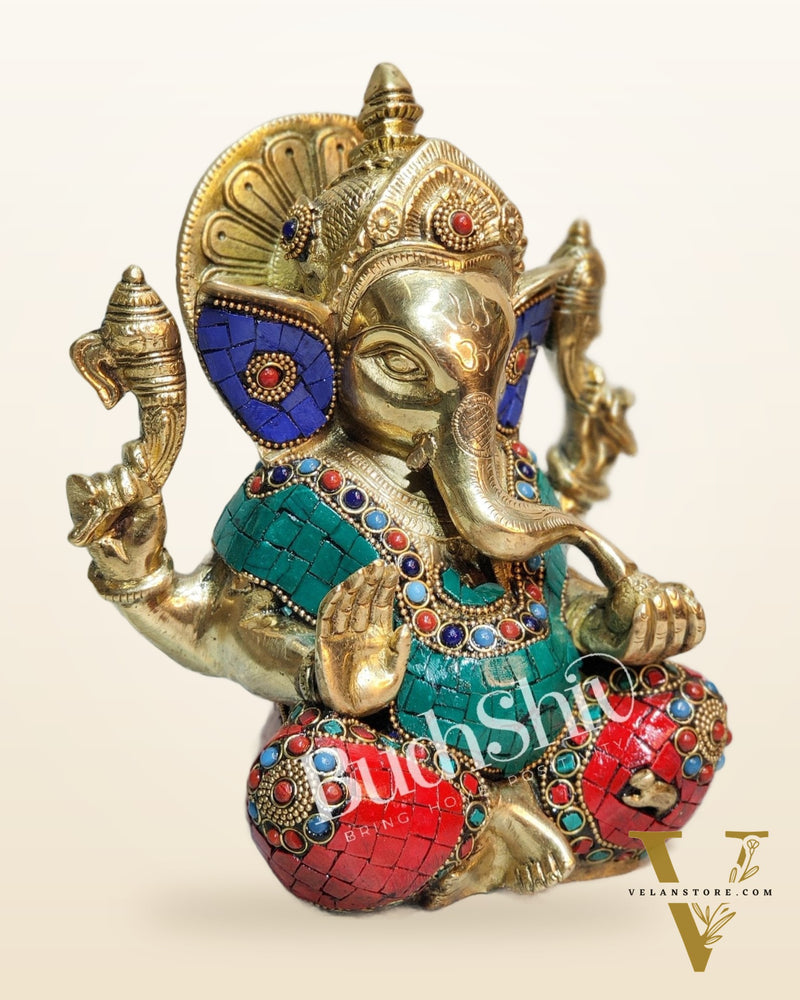 Ganesha enchanting brass idol with meenakari stonework | suitable for office desk/study table/ temple