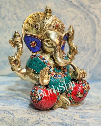 Ganesha enchanting brass idol with meenakari stonework | suitable for office desk/study table/ temple