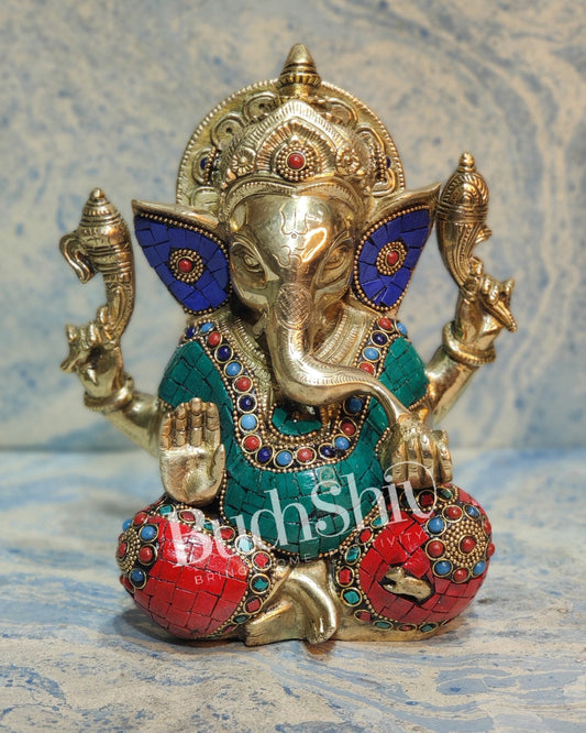 Ganesha enchanting brass idol with meenakari stonework | suitable for office desk/study table/ temple