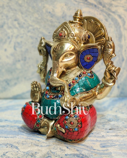 Ganesha enchanting brass idol with meenakari stonework | suitable for office desk/study table/ temple