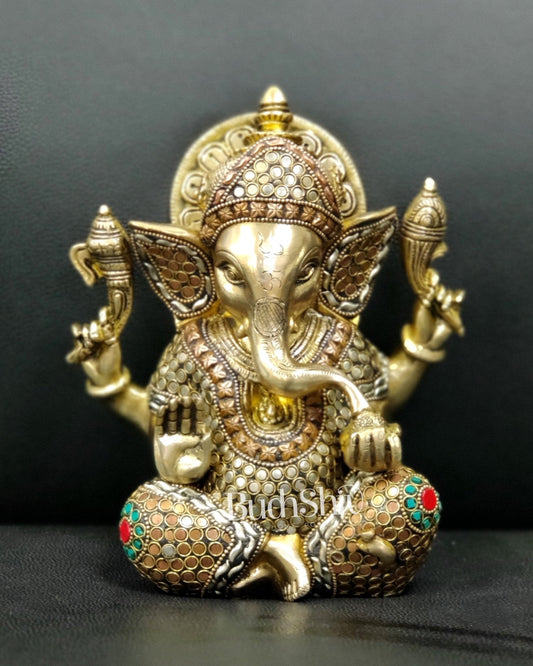 Ganesha enchanting brass idol with meenakari stonework | suitable for office desk/study table/ temple