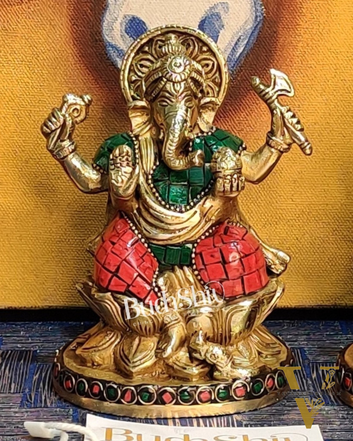 Ganesha enchanting brass idol with stonework | suitable for office desk/study table/ temple
