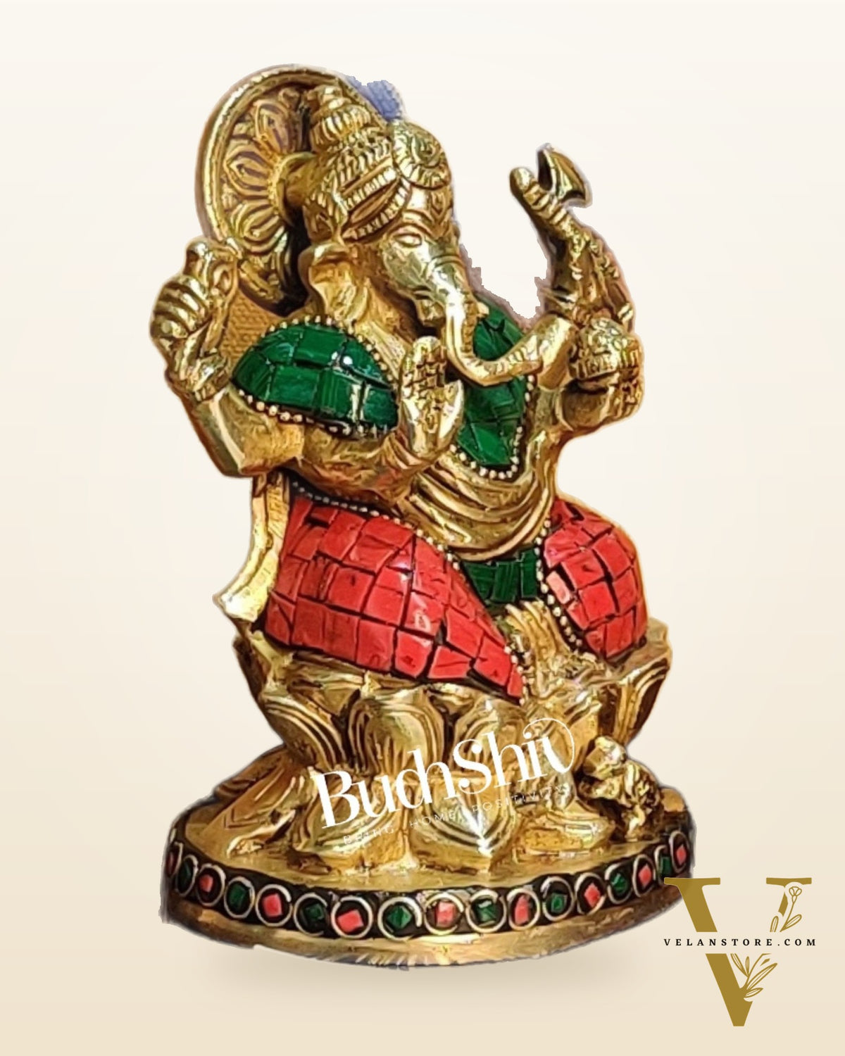 Ganesha enchanting brass idol with stonework | suitable for office desk/study table/ temple