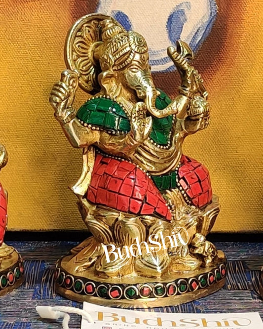 Ganesha enchanting brass idol with stonework | suitable for office desk/study table/ temple