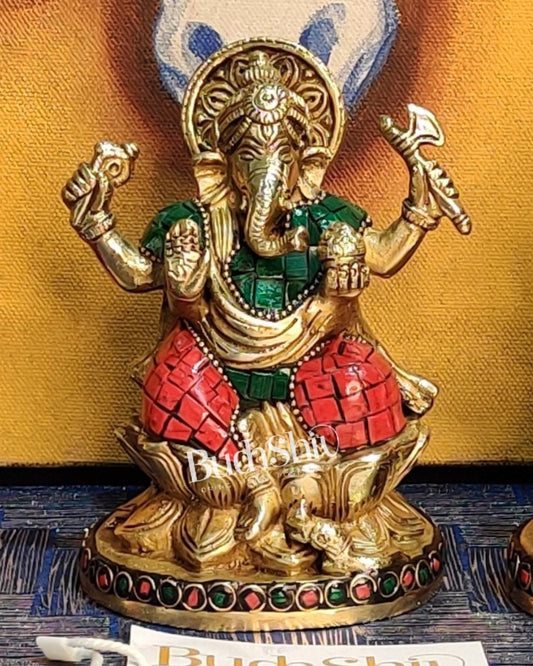 Ganesha enchanting brass idol with stonework | suitable for office desk/study table/ temple