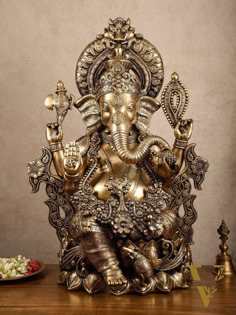 Ganesha Handcrafted Superfine Brass Large Sized Statue | 30" Tall