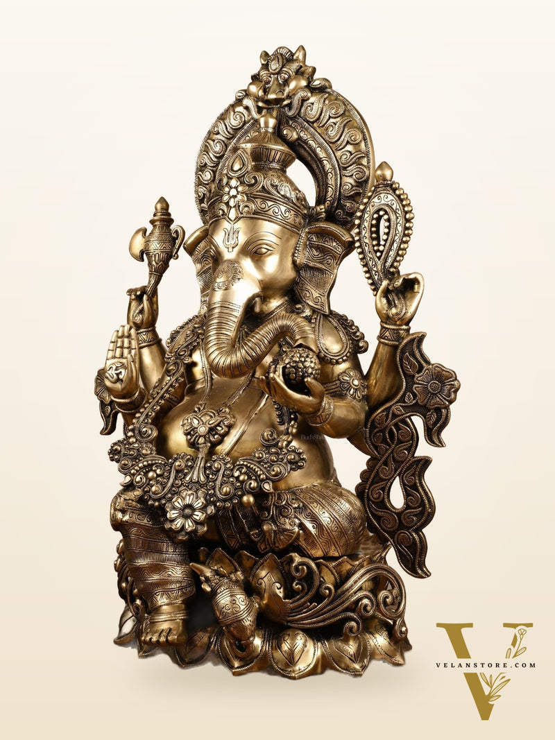Ganesha Handcrafted Superfine Brass Large Sized Statue | 30" Tall