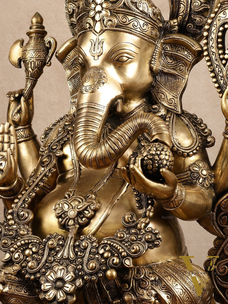 Ganesha Handcrafted Superfine Brass Large Sized Statue | 30" Tall