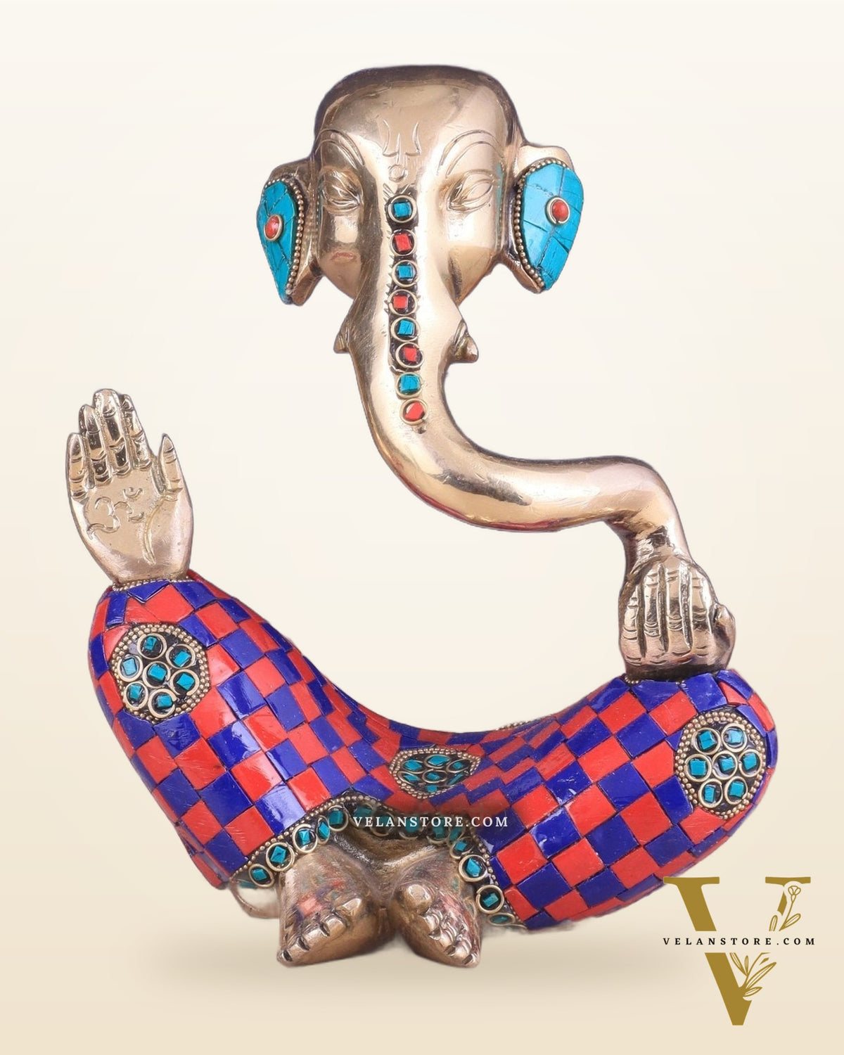 Ganesha Idol Abstract Brass with stonework 8.5 inch