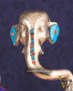 Ganesha Idol Abstract Brass with stonework 8.5 inch