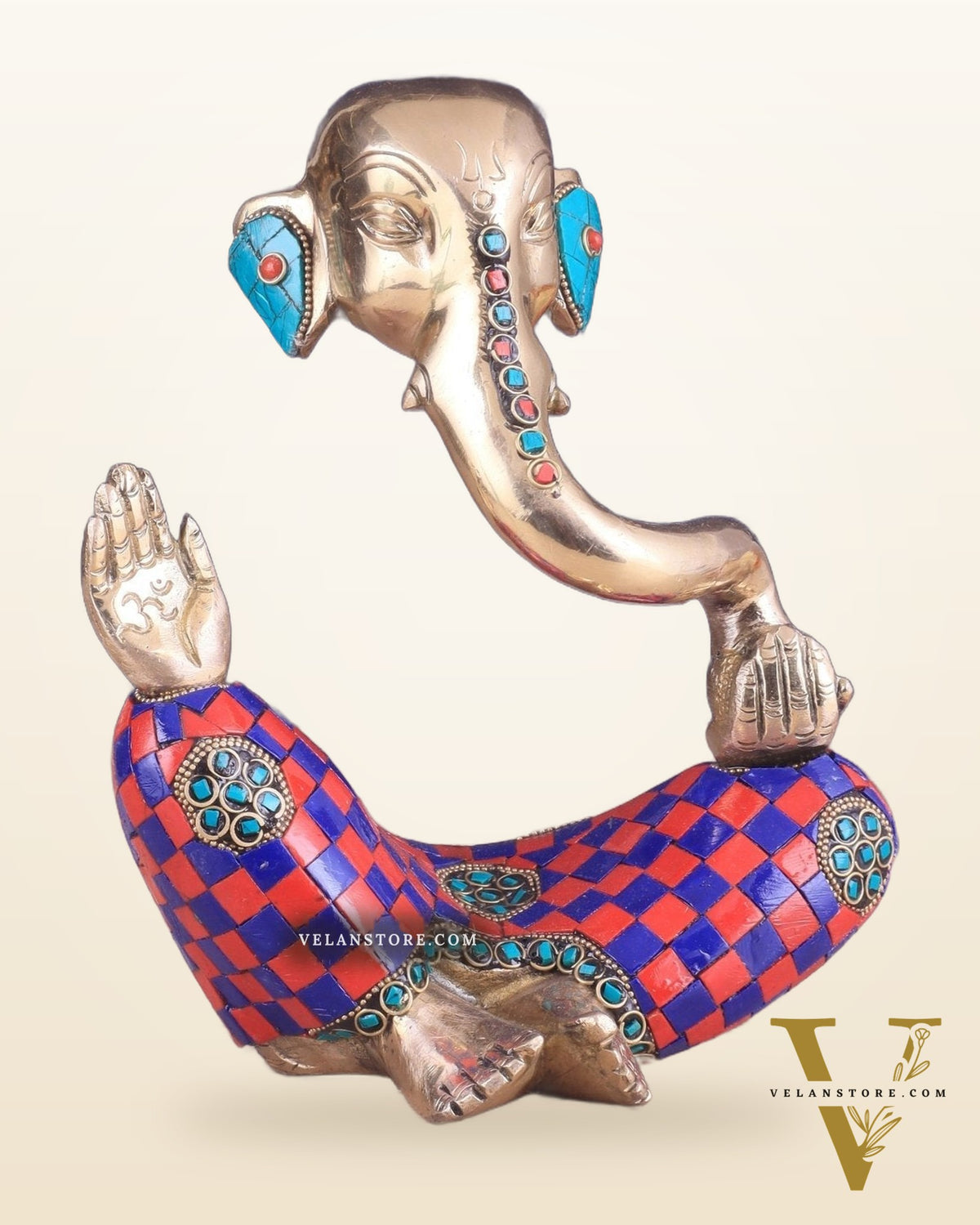Ganesha Idol Abstract Brass with stonework 8.5 inch